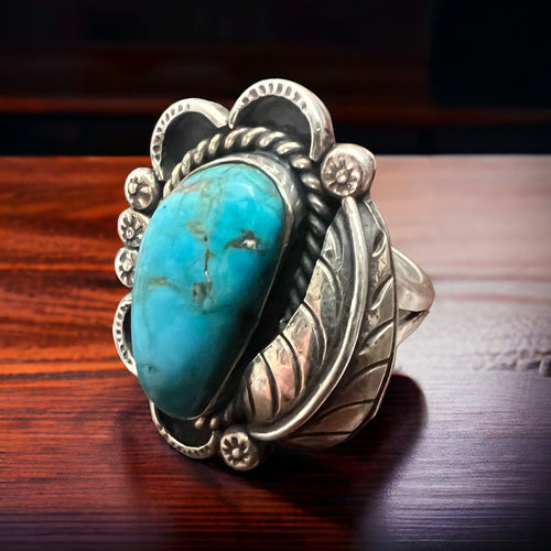 Turquoise Ring with Sterling Leaf - Size 7.5 - Cowhide and Conchos