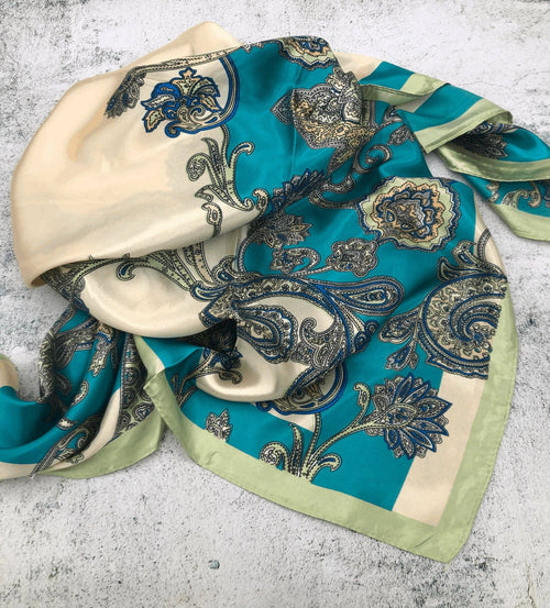 Turquoise Scrolls W/ Kiwi Border Wild Rag - Cowhide and Conchos