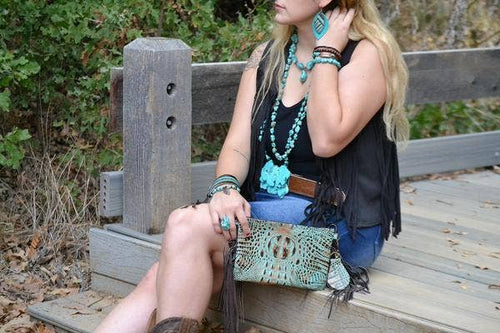 Turquoise Slab Belt Buckle - Medium Size - Cowhide and Conchos