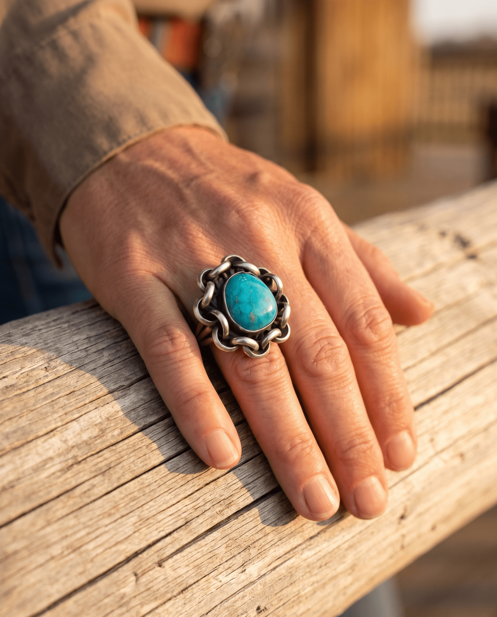 Turquoise & Sterling Silver Links Ring — Size 11 - Cowhide and Conchos