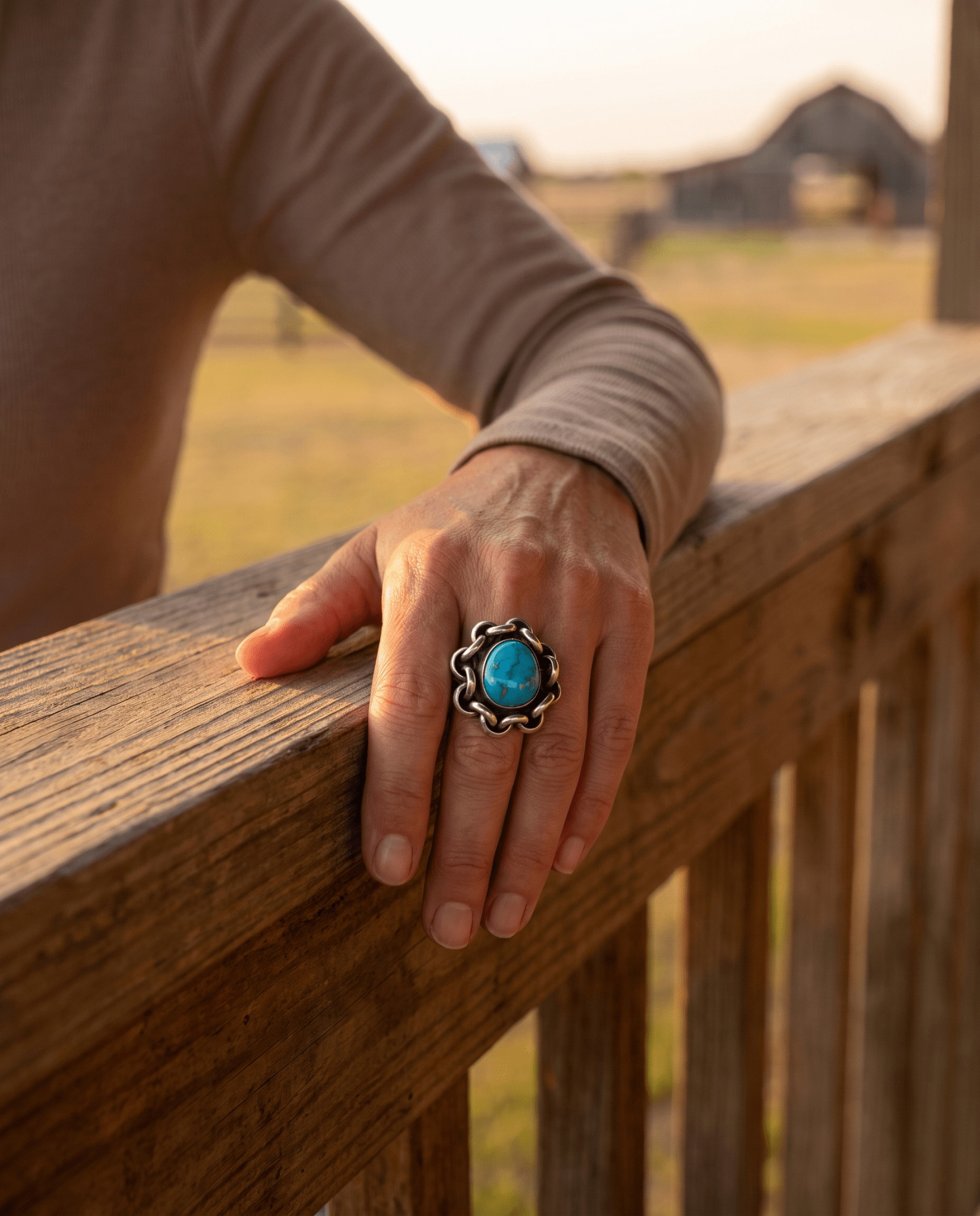 Turquoise & Sterling Silver Links Ring — Size 11 - Cowhide and Conchos