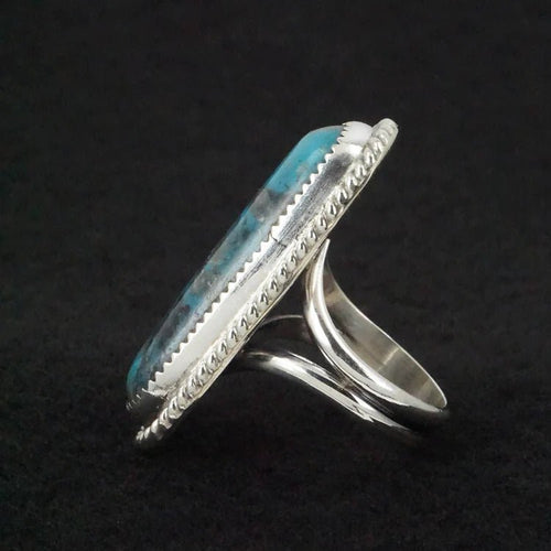 Turquoise & Sterling Silver Ring by Leslie Nez - Size 9.5 - Cowhide and Conchos