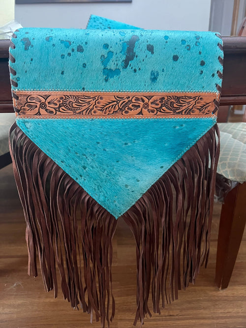 Turquoise & Tooled Cowhide Table Runner - Cowhide and Conchos