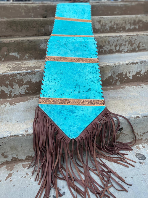 Turquoise & Tooled Cowhide Table Runner - Cowhide and Conchos
