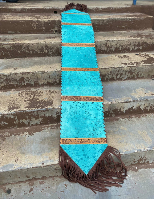 Turquoise & Tooled Cowhide Table Runner - Cowhide and Conchos