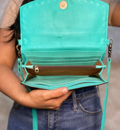Turquoise Tooled Leather Crossbody - Cowhide and Conchos