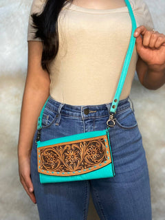 Turquoise Tooled Leather Crossbody - Cowhide and Conchos