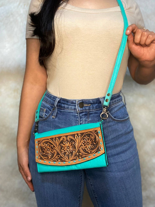 Turquoise Tooled Leather Crossbody - Cowhide and Conchos