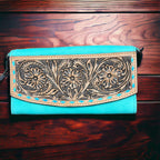 Turquoise Tooled Leather Crossbody - Cowhide and Conchos