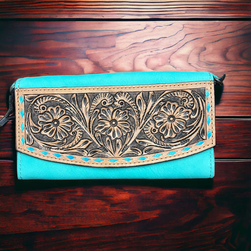 Turquoise Tooled Leather Crossbody - Cowhide and Conchos
