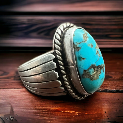 Turquoise Wide Sterling Band Ring - Size 9.5 - Cowhide and Conchos