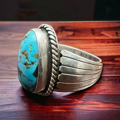 Turquoise Wide Sterling Band Ring - Size 9.5 - Cowhide and Conchos