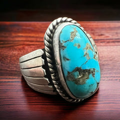 Turquoise Wide Sterling Band Ring - Size 9.5 - Cowhide and Conchos