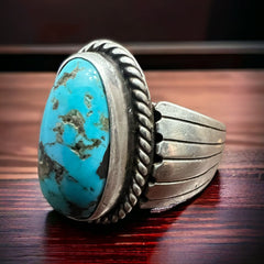 Turquoise Wide Sterling Band Ring - Size 9.5 - Cowhide and Conchos