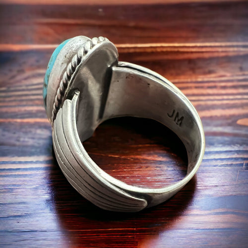 Turquoise Wide Sterling Band Ring - Size 9.5 - Cowhide and Conchos