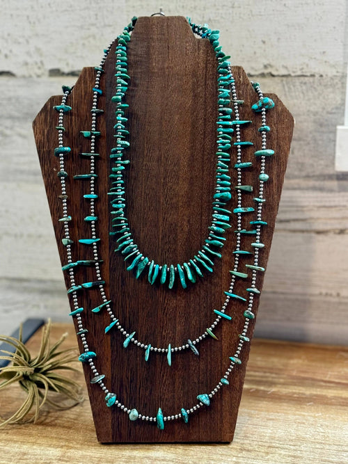 Turquoise with 3 mm Sterling Silver Pearls - 18 inch - Cowhide and Conchos