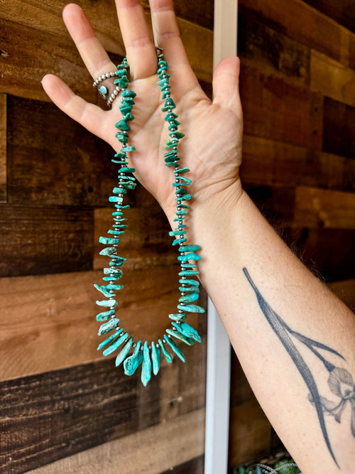 Turquoise with 3 mm Sterling Silver Pearls - 18 inch - Cowhide and Conchos
