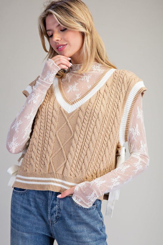 V - neck Side Tie Sleeveless Sweater Top - Cowhide and Conchos