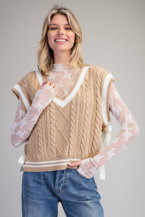 V - neck Side Tie Sleeveless Sweater Top - Cowhide and Conchos