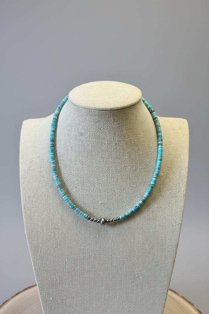 Variscite Turquoise & Sterling Silver Pearls and Saucer Bead Choker (14 - 17") - Cowhide and Conchos