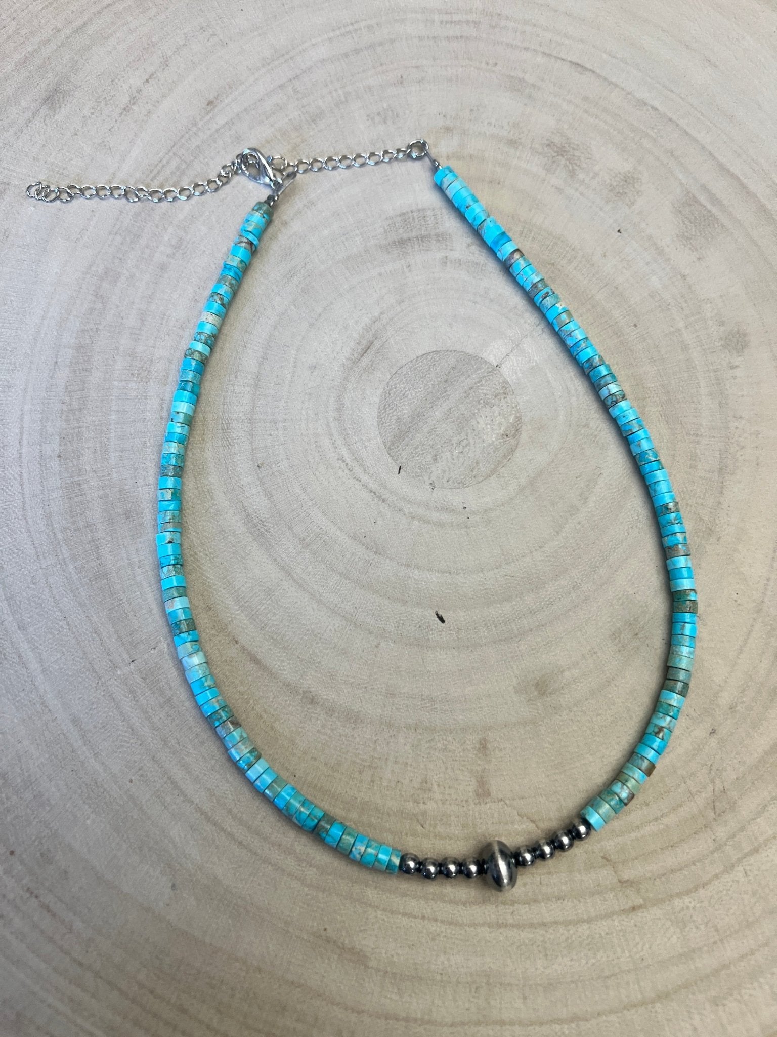 Variscite Turquoise & Sterling Silver Pearls and Saucer Bead Choker (14 - 17") - Cowhide and Conchos