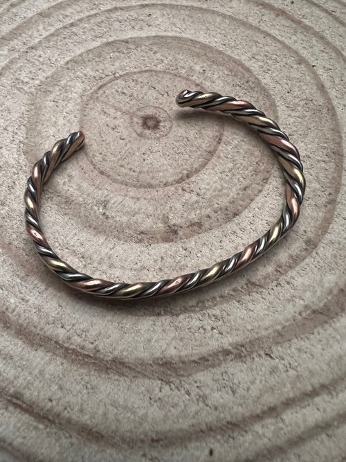 Verna Tahe Copper, Nickel & Brass Bracelet - Cowhide and Conchos