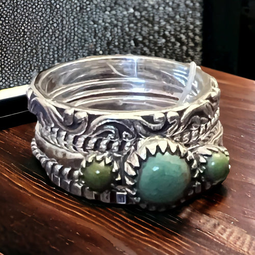 Veronica Kingman Sterling Stacker Ring - 5 Ring Set - Cowhide and Conchos