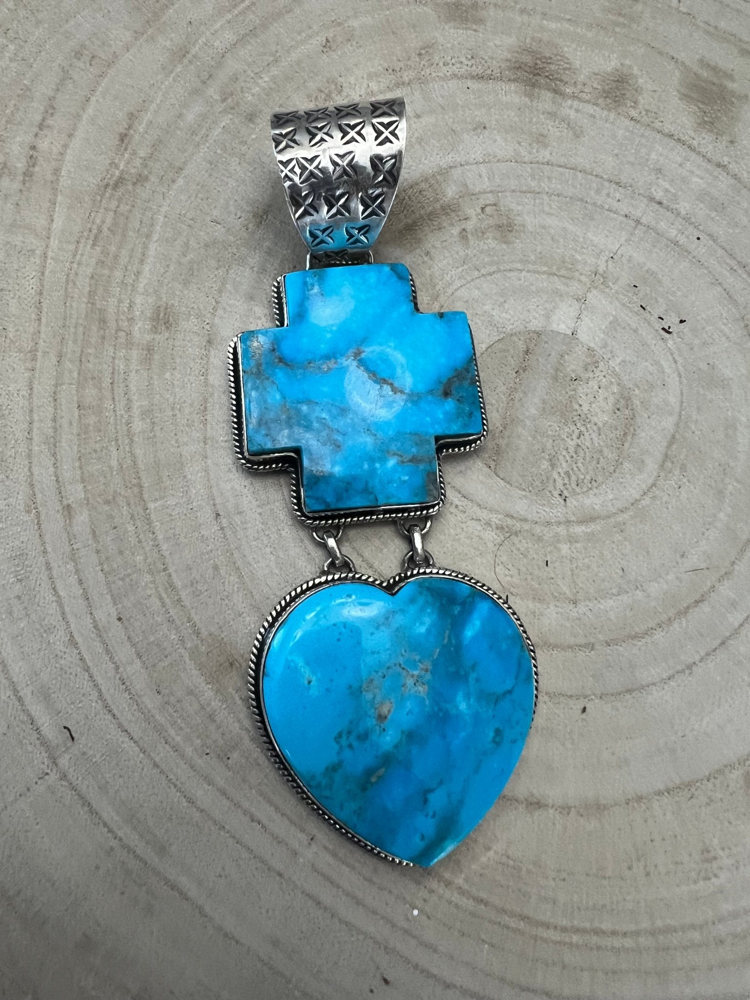 Very Large Bleeding Heart Turquoise Stone Pendant - Cowhide and Conchos