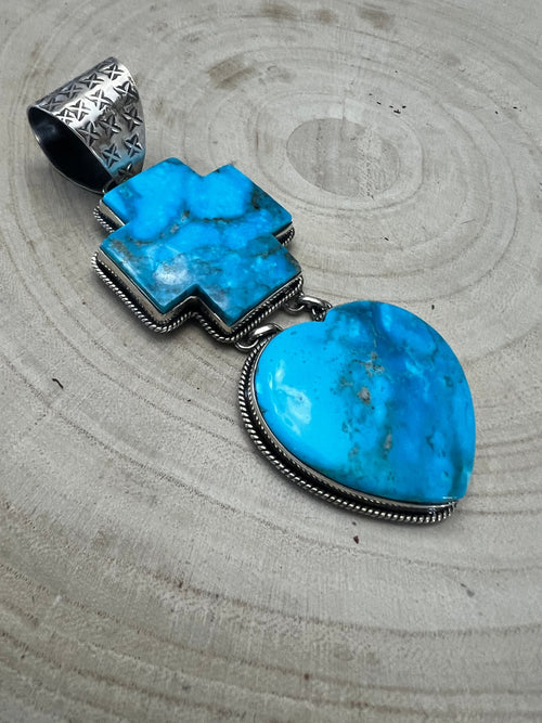 Very Large Bleeding Heart Turquoise Stone Pendant - Cowhide and Conchos