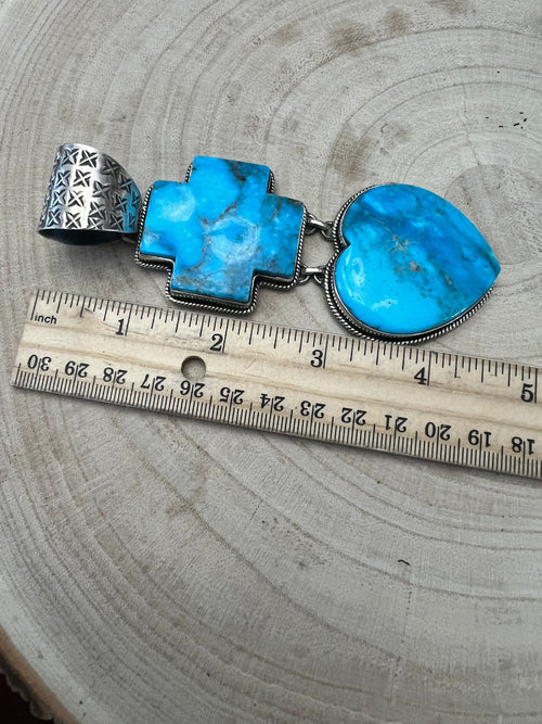Very Large Bleeding Heart Turquoise Stone Pendant - Cowhide and Conchos