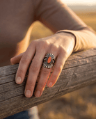 Victor Coriz Navajo Sandcast Sterling Silver Ring with Orange Spiny Oyster — Size 8.5 (Thunderbird) - Cowhide and Conchos