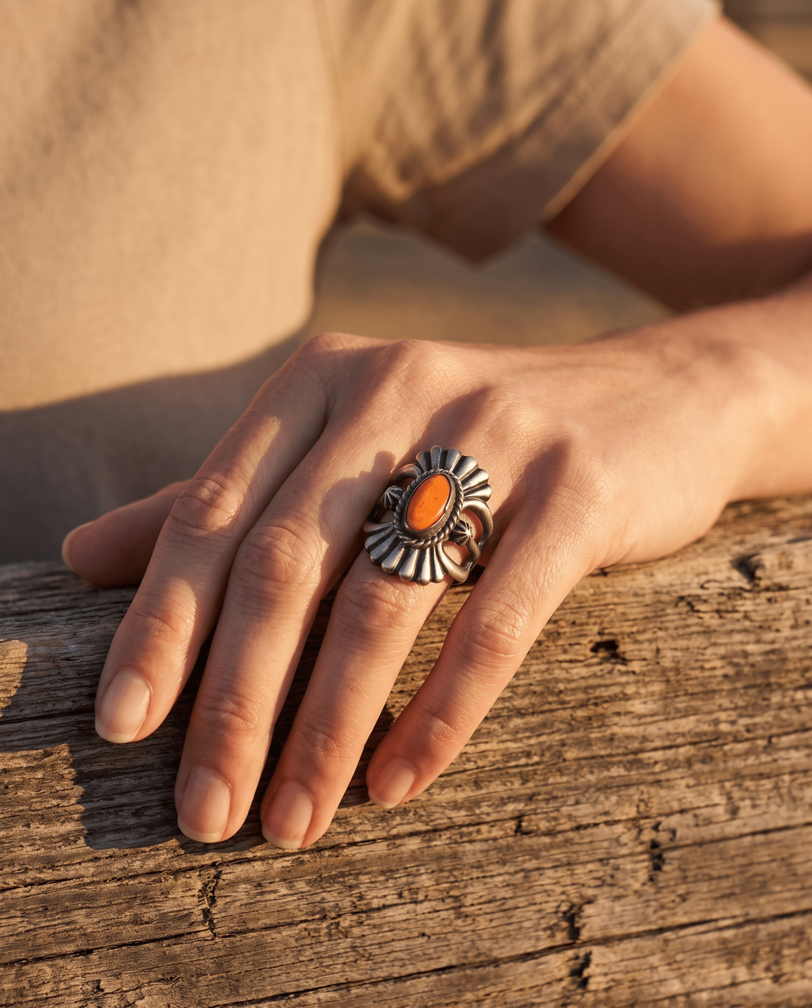 Victor Coriz Navajo Sandcast Sterling Silver Ring with Orange Spiny Oyster — Size 8.5 (Thunderbird) - Cowhide and Conchos