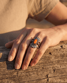 Victor Coriz Navajo Sandcast Sterling Silver Ring with Orange Spiny Oyster — Size 8.5 (Thunderbird) - Cowhide and Conchos