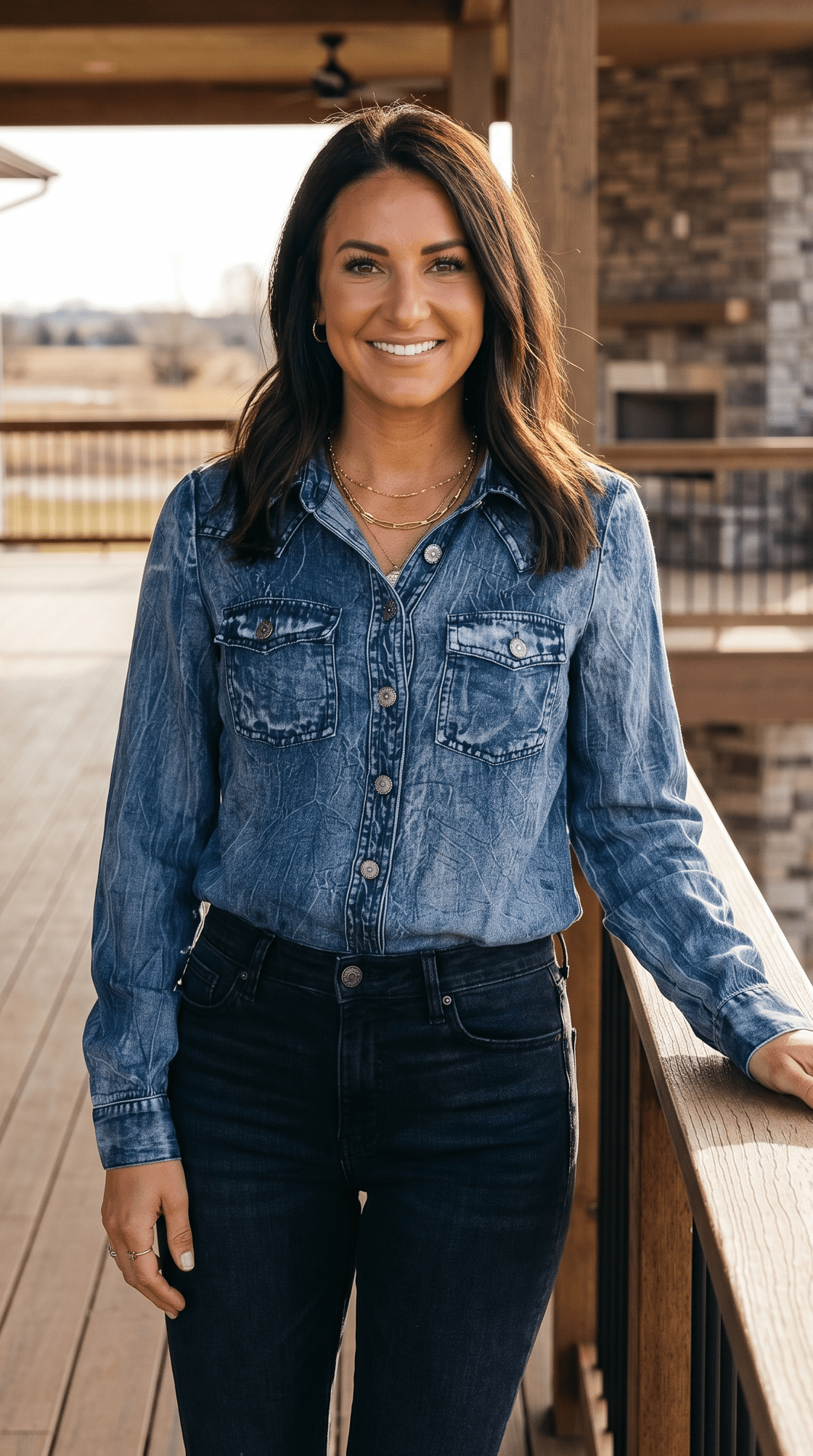 Vintage Blue Washed Western Denim Shirt – Concho Button Tencel Top - Cowhide and Conchos