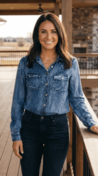 Vintage Blue Washed Western Denim Shirt – Concho Button Tencel Top - Cowhide and Conchos