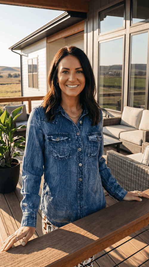 Vintage Blue Washed Western Denim Shirt – Concho Button Tencel Top - Cowhide and Conchos