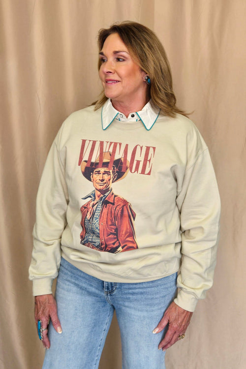 Vintage Cowboy Crewneck Sweatshirt - Cowhide and Conchos