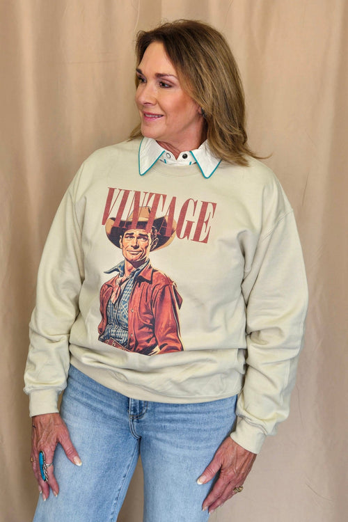 Vintage Cowboy Crewneck Sweatshirt - Cowhide and Conchos