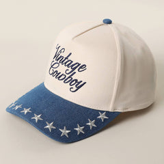 VINTAGE COWBOY Embroidered Star Brim Trucker Hat - Cowhide and Conchos