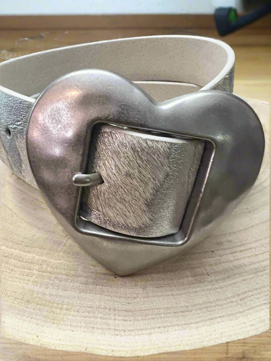 Vintage Love Heart Buckle w Cow Hair Leather Belt - Cowhide and Conchos
