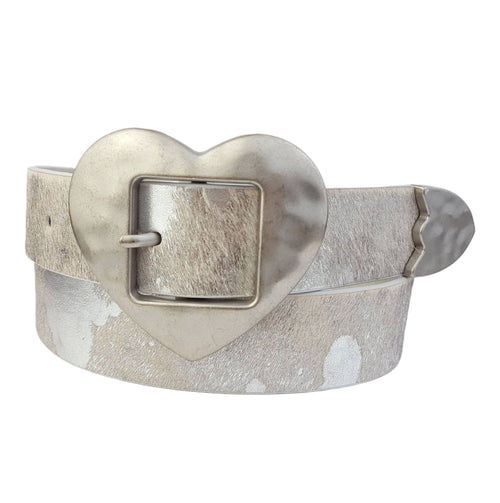 Vintage Love Heart Buckle w Cow Hair Leather Belt - Cowhide and Conchos