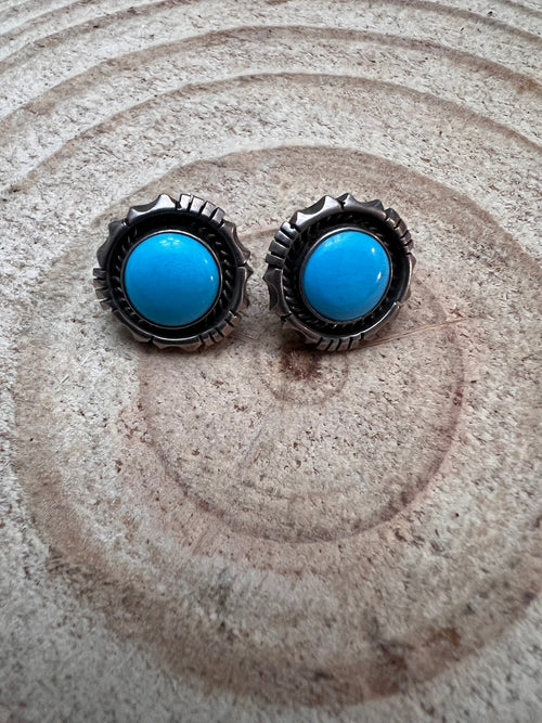 Vintage Old Pawn Native American Turquoise Post Earrings - Cowhide and Conchos