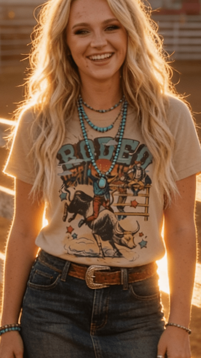 Vintage Rodeo Bull Rider Graphic Tee – Sand Unisex Western Shirt - Cowhide and Conchos