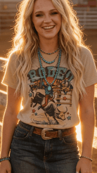 Vintage Rodeo Bull Rider Graphic Tee – Sand Unisex Western Shirt - Cowhide and Conchos