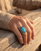 Vintage Sterling Silver Turquoise Ring — Blue Cabochon & Hand-Stamping, Size 7 (Native-Style) - Cowhide and Conchos