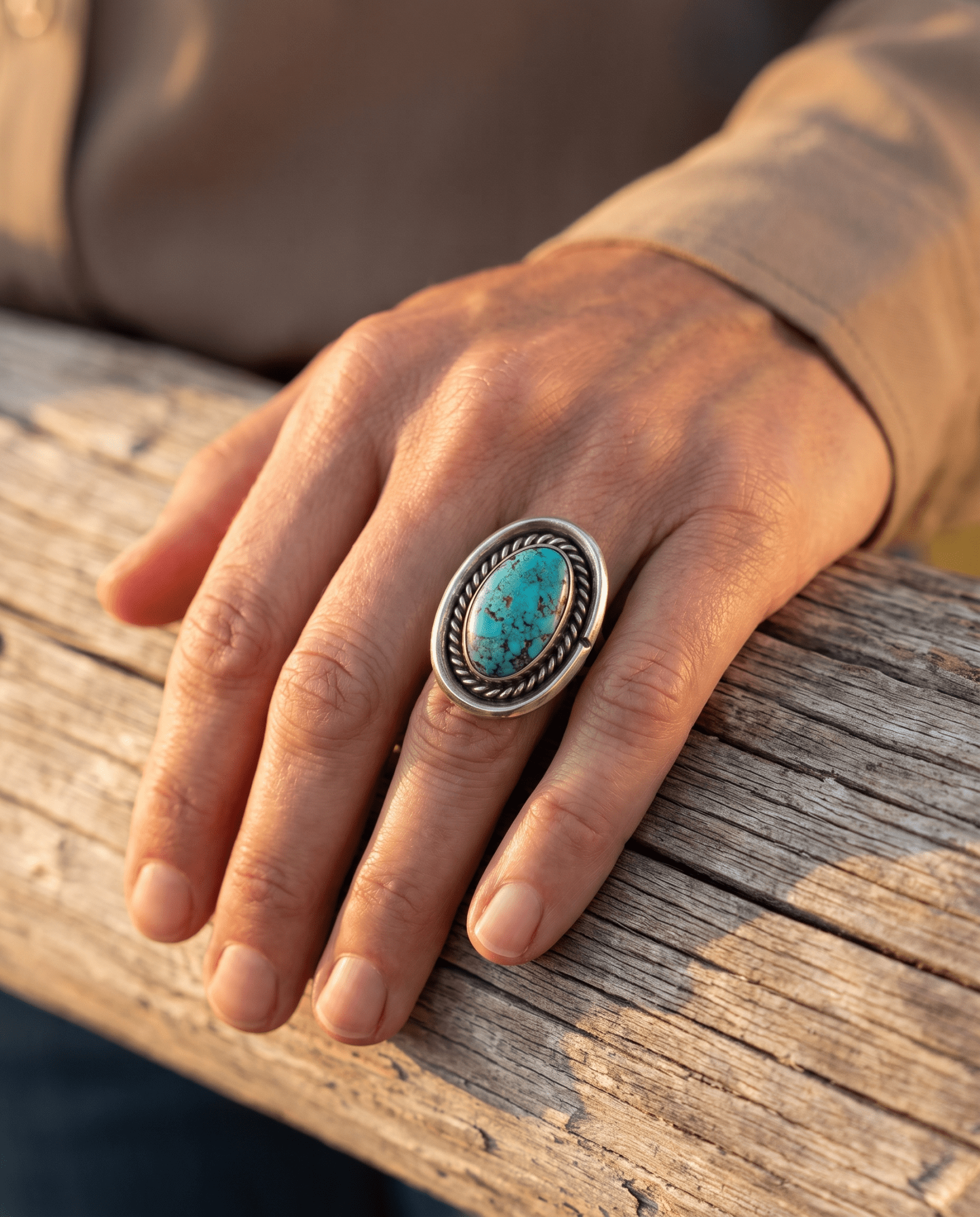 Vintage Sterling Silver Turquoise Ring with Shadowbox & Rope Back — Size 8 - Cowhide and Conchos