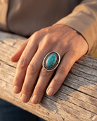 Vintage Sterling Silver Turquoise Ring with Shadowbox & Rope Back — Size 8 - Cowhide and Conchos