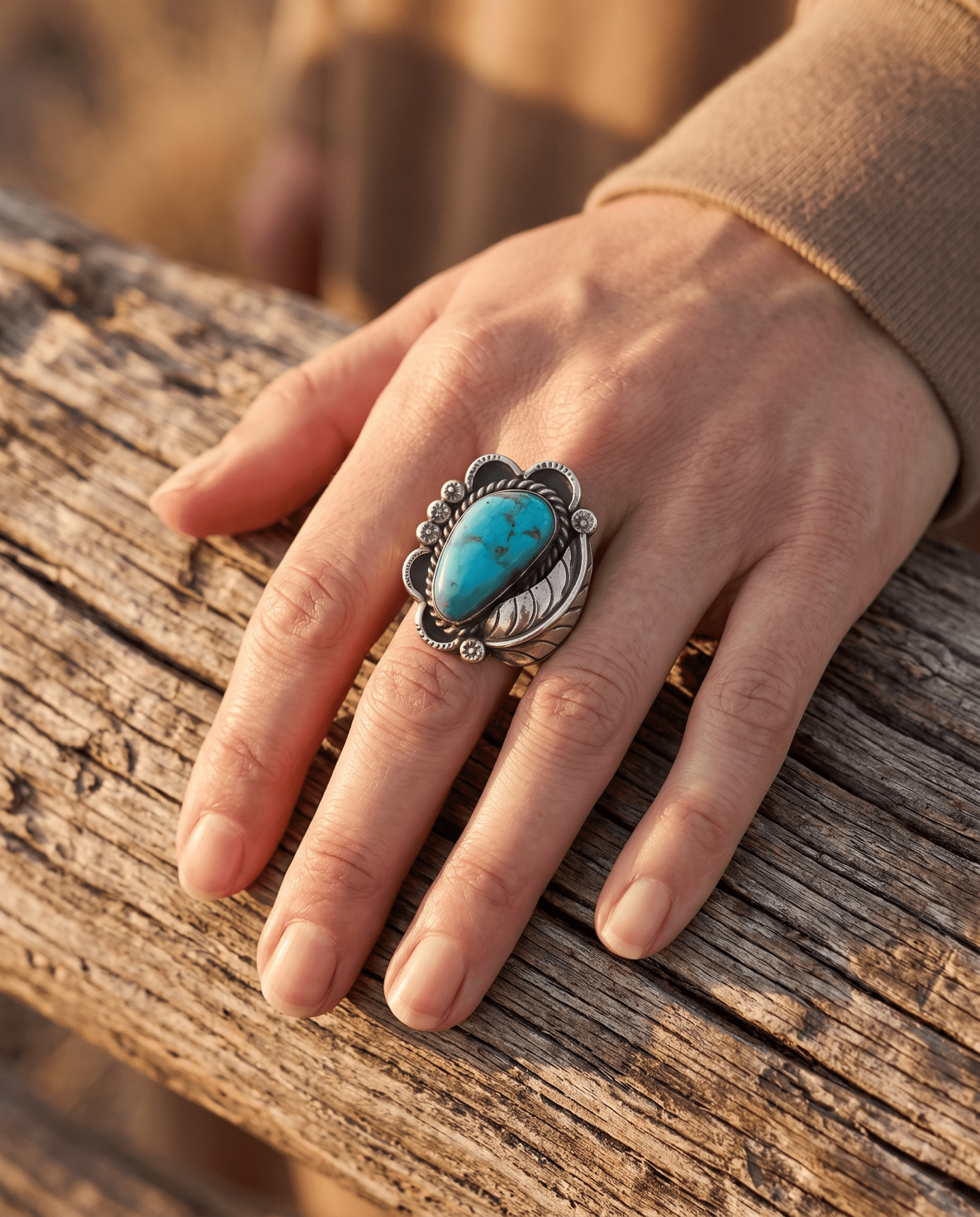 Vintage Sterling Silver Turquoise Ring with Sterling Leaf & Hand-Stamping — Size 7.5 (Native-Style) - Cowhide and Conchos