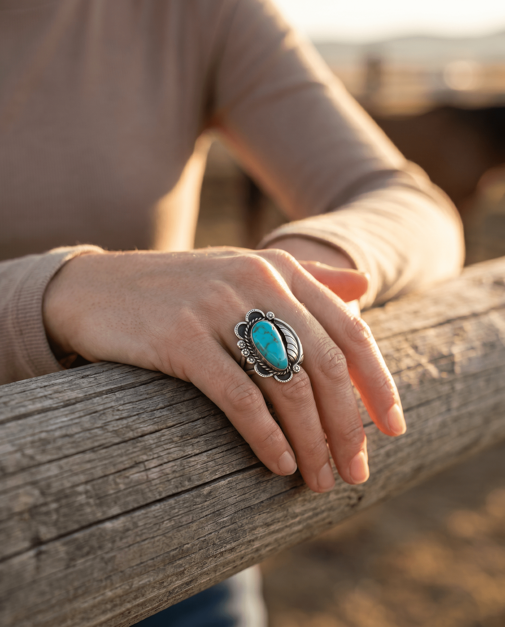 Vintage Sterling Silver Turquoise Ring with Sterling Leaf & Hand-Stamping — Size 7.5 (Native-Style) - Cowhide and Conchos