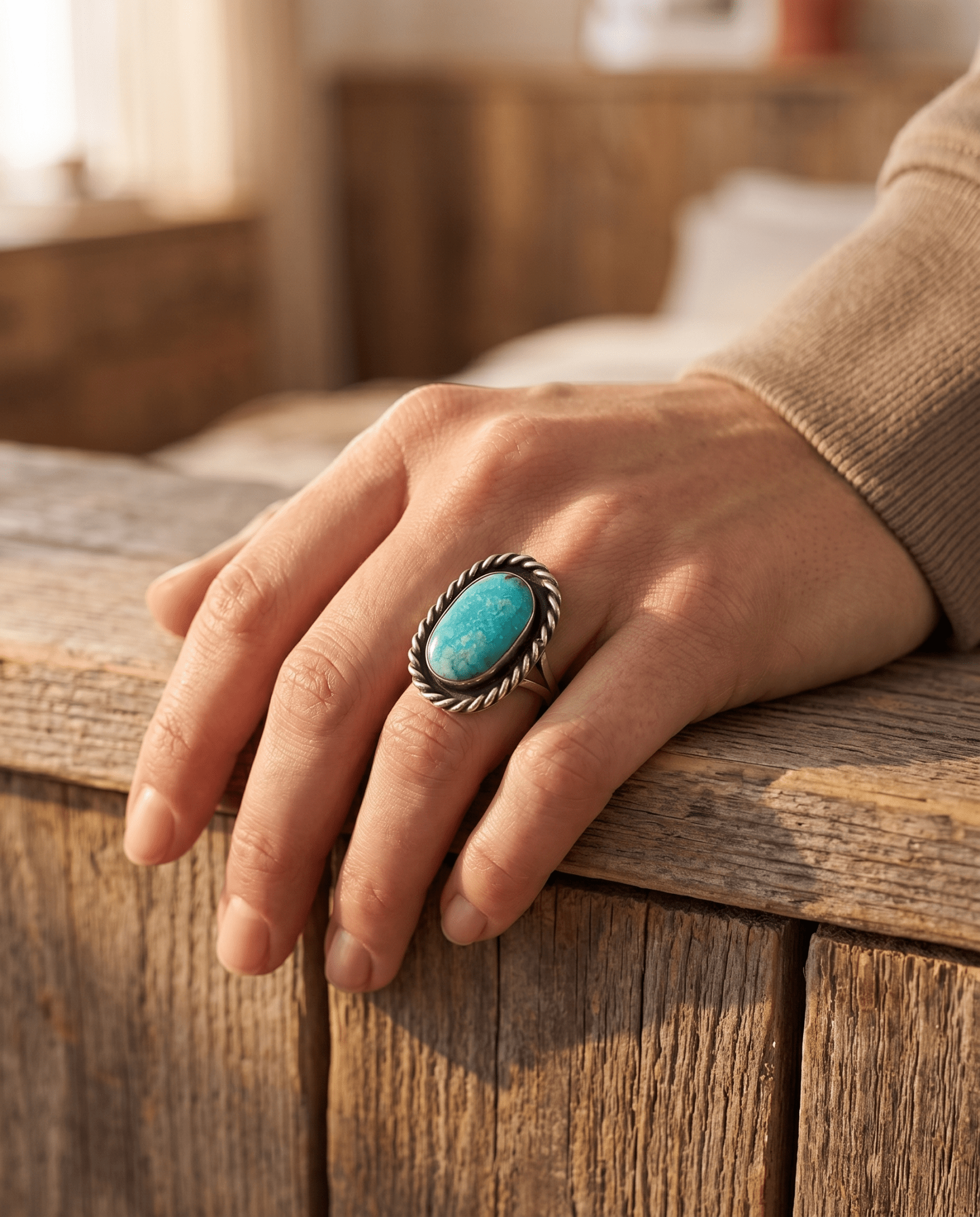 Vintage Sterling Silver Waterweb Blue Turquoise Cabochon Ring — Size 10.5 - Cowhide and Conchos